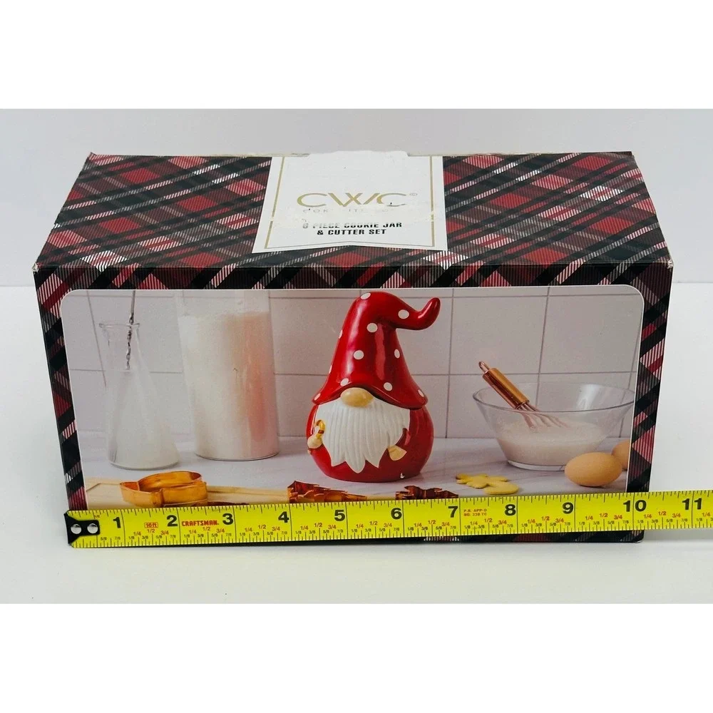 CWC Cook With Color Red White 6 Piece Holiday Gnome Cookie Jar & Cutter Set New